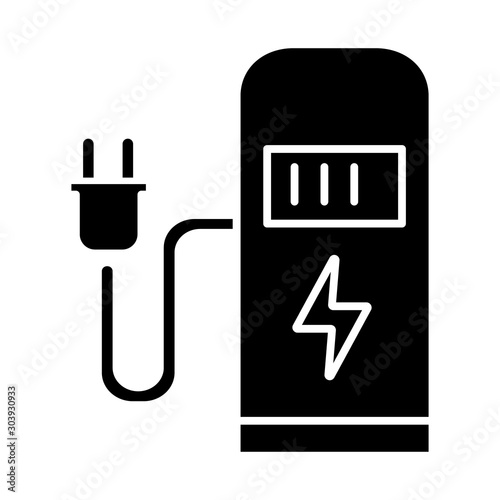 Car charging station glyph icon. Electric fuel pump for public usage. EV rechagging point. Filing terminal for electrified automobile. Silhouette symbol. Negative space. Vector isolated illustration