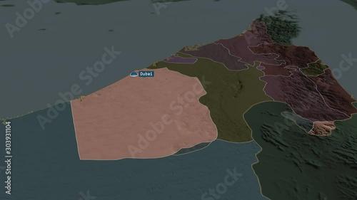 Dubay - emirate of United Arab Emirates with its capital zoomed on the administrative map of the globe. Animation 3D photo