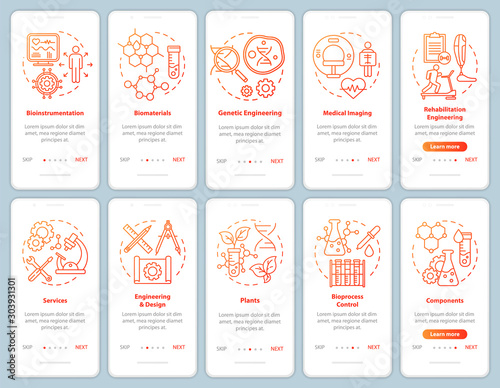 Bioengineering onboarding mobile app page screen vector template. Medical imaging, services. Walkthrough website steps with linear illustrations. Biomaterials. UX, UI, GUI smartphone interface concept
