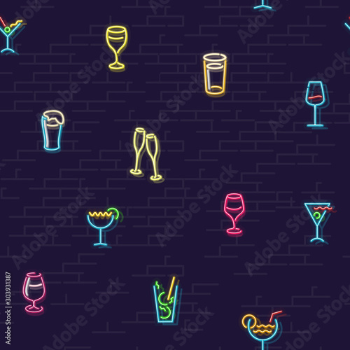 Neon bar pattern with cocktails. Night illuminated image for postcard or social media image. Colorful icons on brick wall.