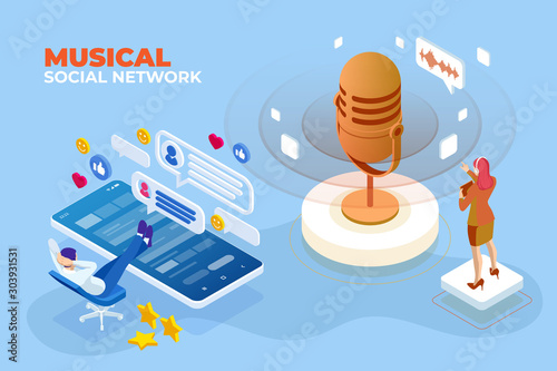 Isometric Musical social network and digital sound wave concept. Musical melody design. Soundwave audio music. Voice message or recording voice.
