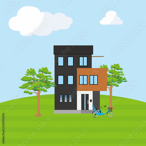 丘の上に建つ青空背景の一戸建て、一軒家のイラスト（二階建て）_マイホーム、木造住宅_ベクターデータ