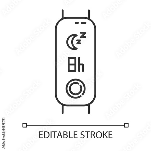Fitness tracker with sleep time indication linear icon. Healthy lifestyle gadget for monitoring night rest duration. Thin line illustration. Contour symbol. Vector isolated drawing. Editable stroke