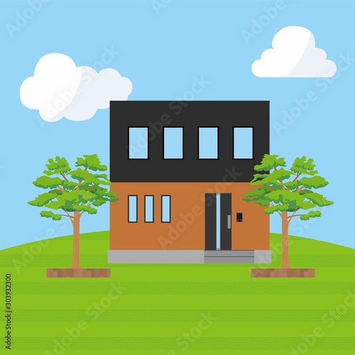 丘の上に建つ青空背景の一戸建て、一軒家のイラスト（二階建て）_マイホーム、木造住宅_ベクターデータ