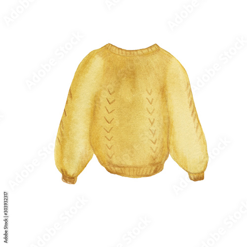 Knitted winter sweater. Watercolor fashionable illustration of a sweater with colored pencils. Romantic christmas garment photo