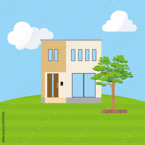 丘の上に建つ青空背景の一戸建て、一軒家のイラスト（二階建て）_マイホーム、木造住宅_ベクターデータ