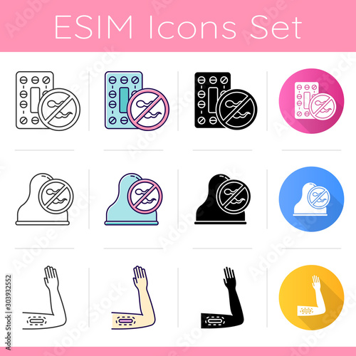 Safe sex icons set. Oral contraceptive. Pills to prevent pregnancy. Birth control. Cervical cap. Contraceptive implant. Flat design, linear, black and color styles. Isolated vector illustrations photo