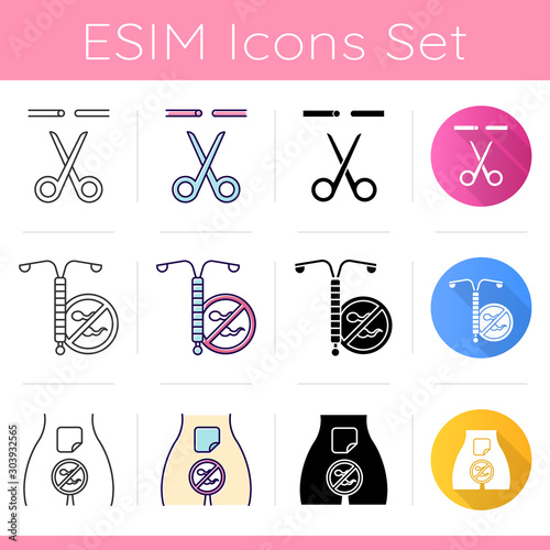 Safe sex icons set. Female and male sterilisation. Fallopian tubes cut. Vasectomy. Intrauterine device. Contraceptive patch. Flat design, linear, black and color styles. Isolated vector illustrations