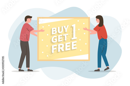 Young man and girl holding blank banner for special event text. Characters hand holding coupons Sign template. Placard. Board. Advertising concept. Isolated vector illustration in flat style.