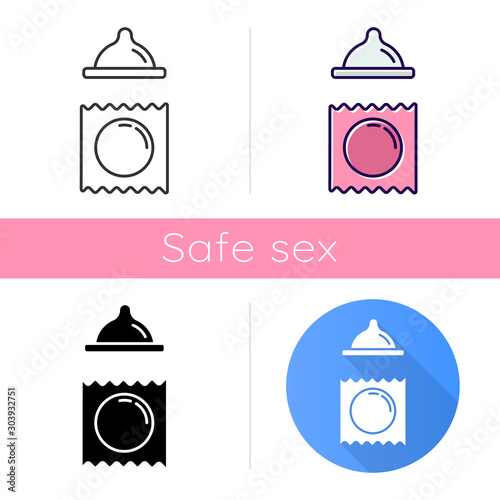 Contraceptive icon. Female condom for safe sex. Pregnancy prevention. Birth control. HIV, STI protection for healthy intercourse. Flat design, linear and color styles. Isolated vector illustrations