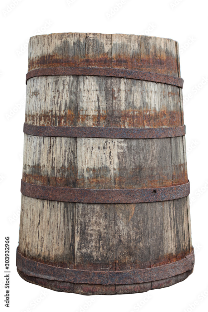 Obraz premium old wooden barrel with metal rings isolated on white background