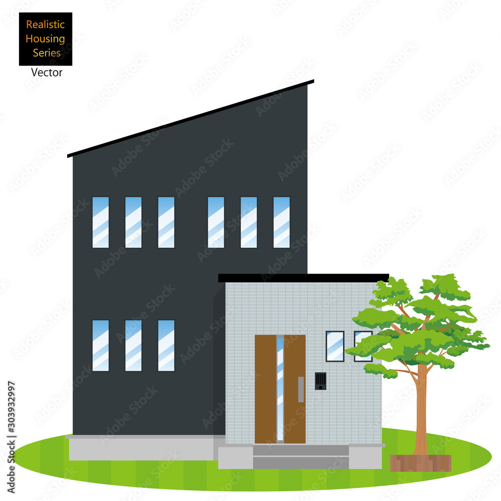 一戸建て 一軒家のイラスト 二階建て と植木 芝生の背景 マイホーム 木造住宅 ベクターデータ Stock Vector Adobe Stock
