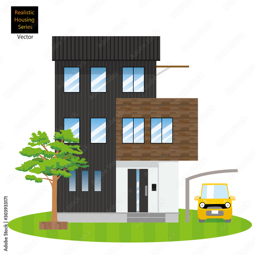 Φωτογραφία 一戸建て、一軒家のイラスト（三階建て）と植木、芝生の背景_マイホーム、木造住宅_ベクターデータ