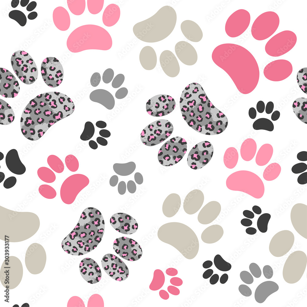 Fototapeta premium Seamless cats paws pattern with leopard print for kids design.