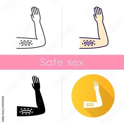 Contraceptive implant icon. Female preservative. Pregnancy prevention, birth control with medical procedure. Underskin input on arm. Flat design, linear and color styles. Isolated vector illustrations