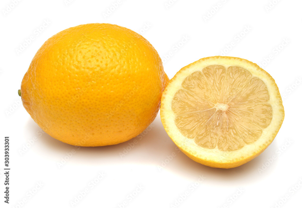 Group ripe lemon citrus whole and half isolated on a white background. Creative concept of juice, freshly squeezed fruits. Top view, flat lay Group ripe lemon citrus whole and half isolated on a white background. Creative concept of juice, freshly squeezed fruits. Top view, flat lay