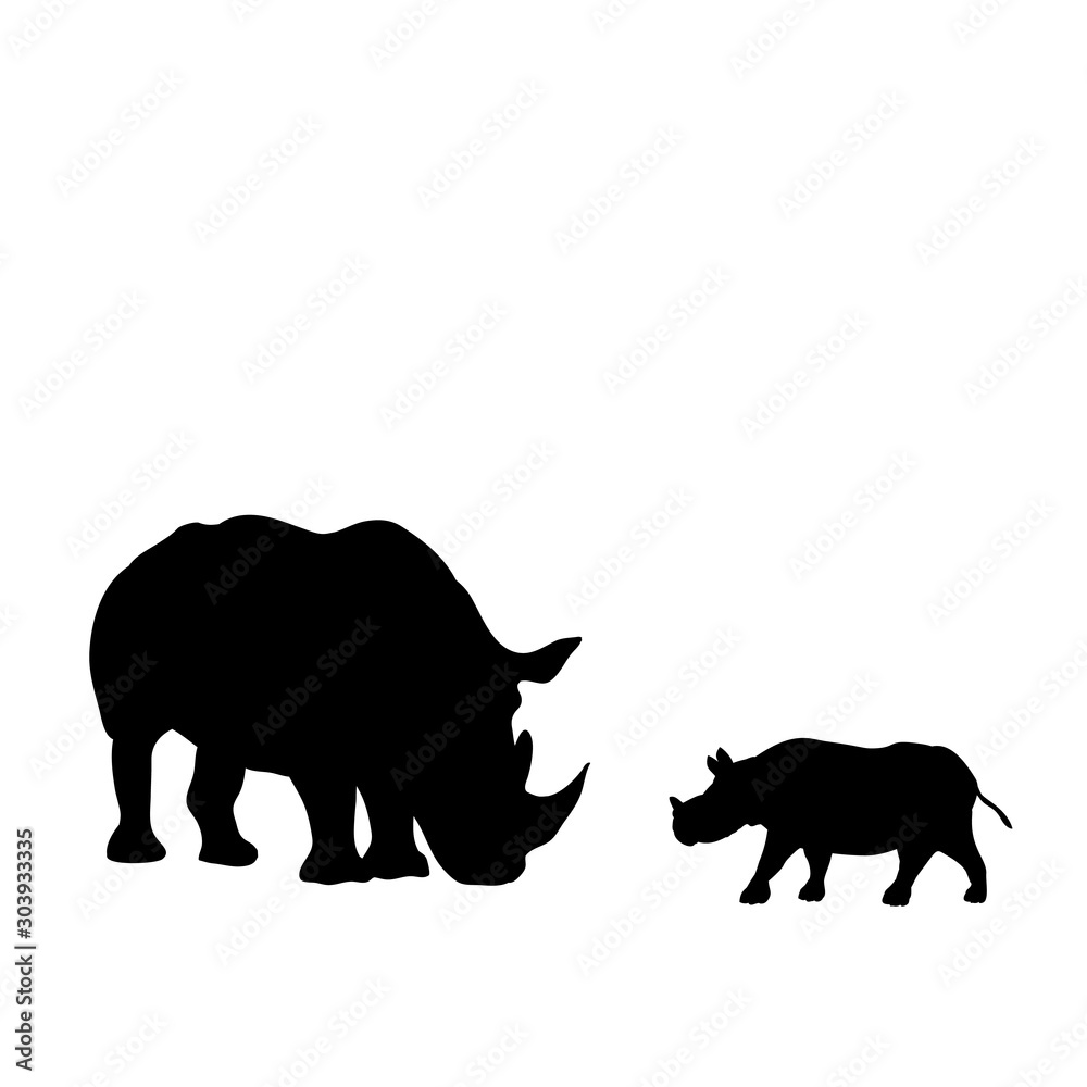 Fototapeta premium Silhouette of rhino and young small rhino