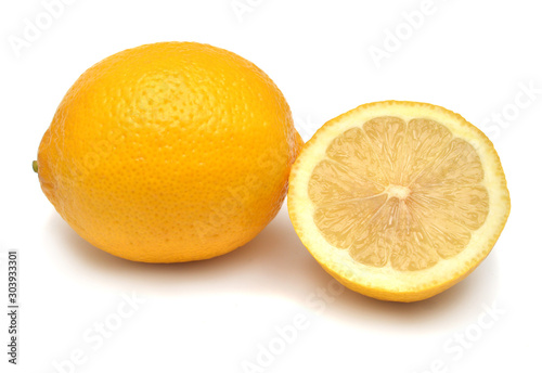 Group ripe lemon citrus whole and half isolated on a white background. Creative concept of juice, freshly squeezed fruits. Top view, flat lay