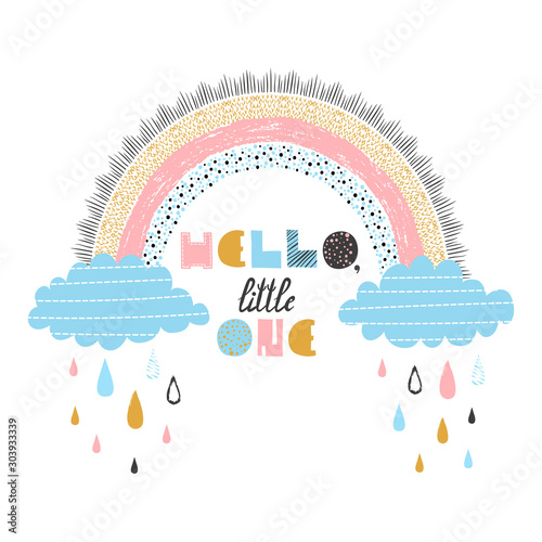 Baby shower vector illustration. Abstract rainbow with clouds.