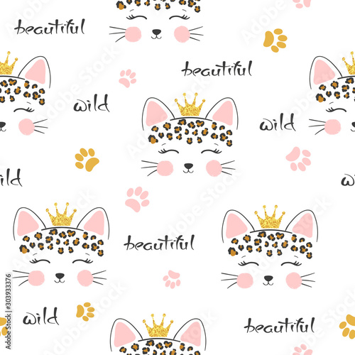 Seamless cartoon leopard princess pattern. Baby print, kids textile.