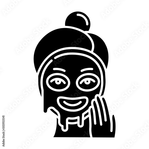 Applying liquid mask glyph icon. Skin care procedure. Facial beauty treatment. Product for lifting and exfoliating. Cosmetics, makeup. Silhouette symbol. Negative space. Vector isolated illustration