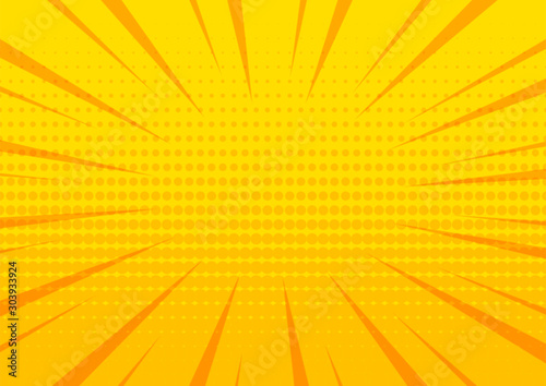 Yellow comic pop art abstract halftone background with sunbeams, space for your text. Vector illustration