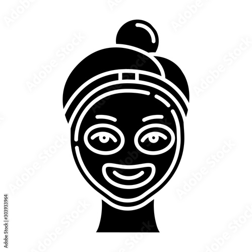 Vitamin C mask glyph icon. Skin care procedure. Facial beauty treatment. Using liquid mask. Exfoliating and moisturizing effect. Makeup. Silhouette symbol. Negative space. Vector isolated illustration