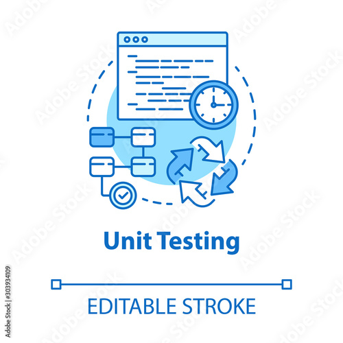 Unit testing turquoise concept icon. Software development stage idea thin line illustration. App perfomance verification. Java source code. IT project. Vector isolated outline drawing. Editable stroke