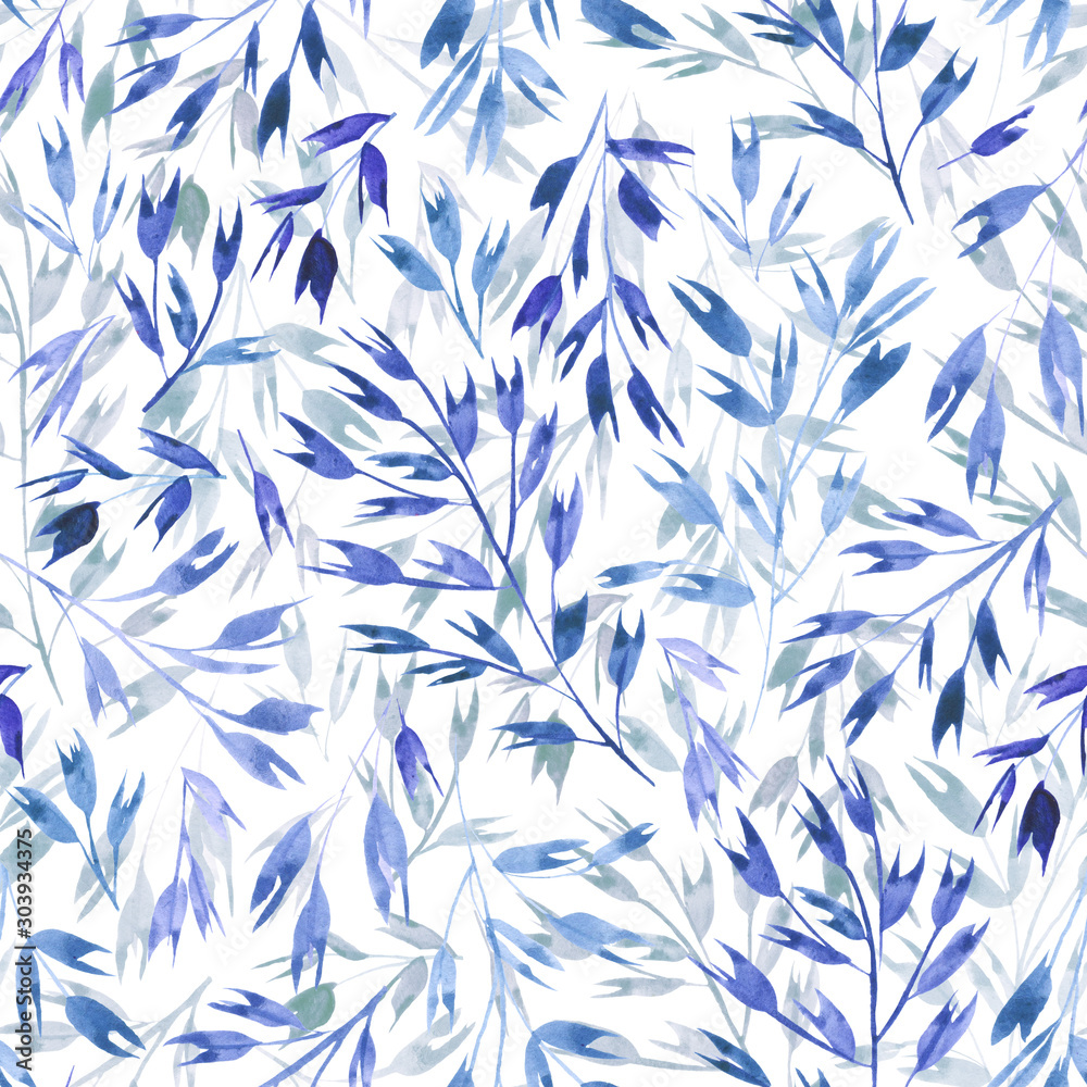 Seamless pattern with blue and grey watercolor branches on white background