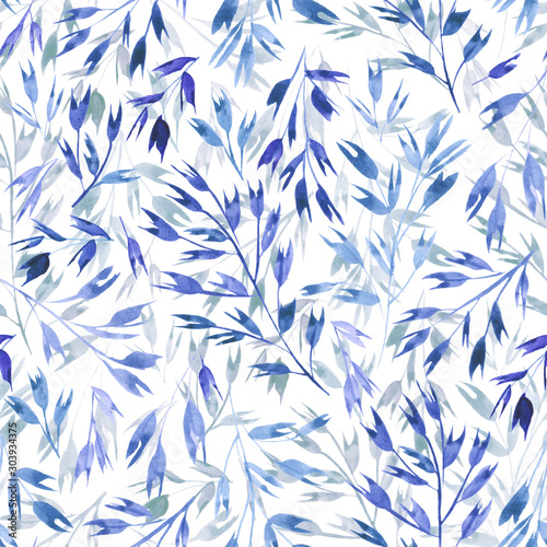 Seamless pattern with blue and grey watercolor branches on white background