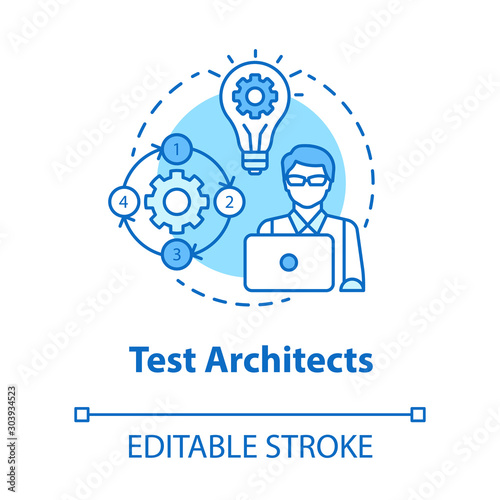 Test architects turquoise concept icon. Software development idea thin line illustration. IT project managment. Senior testing professional. Vector isolated outline drawing. Editable stroke