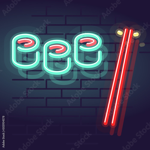 Neon sushi with chopsticks icon. Night illuminated wall street sign. Square illustration on brick wall background.