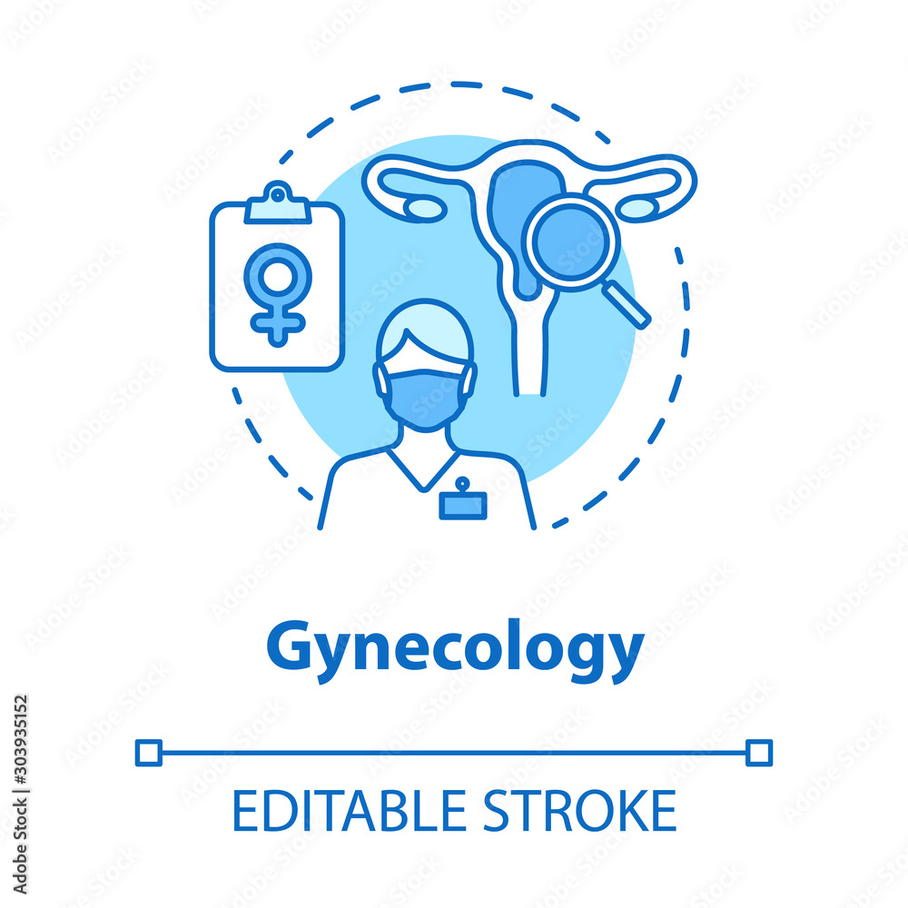Gynecology concept icon. Women healthcare exam idea thin line illustration. Gynaecologist, doctor, screening. Female reproductive system, fertility. Vector isolated outline drawing. Editable stroke