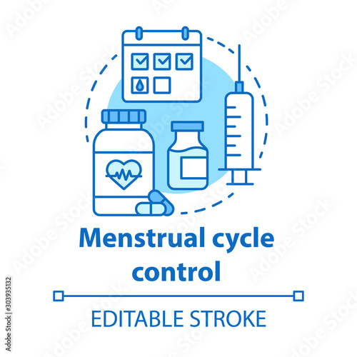 Menstrual cycle control concept icon. Hormone therapy idea thin line illustration. Women health, medicare. Female reproductive system, fertility. Vector isolated outline drawing. Editable stroke