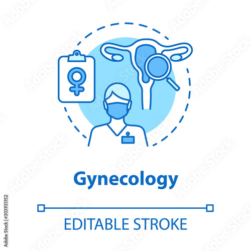 Gynecology concept icon. Women healthcare exam idea thin line illustration. Gynaecologist, doctor, screening. Female reproductive system, fertility. Vector isolated outline drawing. Editable stroke