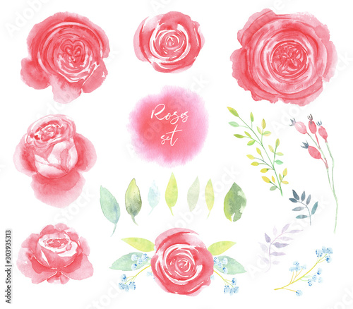 Red roses clip art. Hand painted floral watercolor illustration. Perfect for invitations cards.