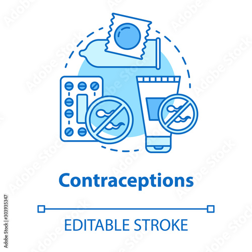 Contraceptions concept icon. Safe sex idea thin line illustration. Unwanted pregnancy prevention, hormone therapy, birth control. Condom, pills. Vector isolated outline drawing. Editable stroke