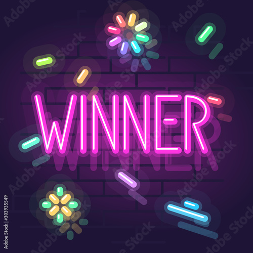 Neon winner sparkling typography. Night illuminated wall street sign. Square illustration on brick wall background.
