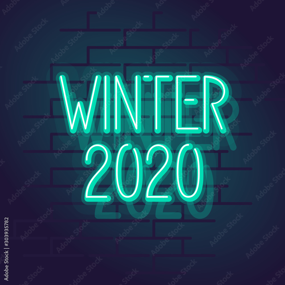 Neon winter 2020 typography. Square line art style neon illustration on brick wall background.