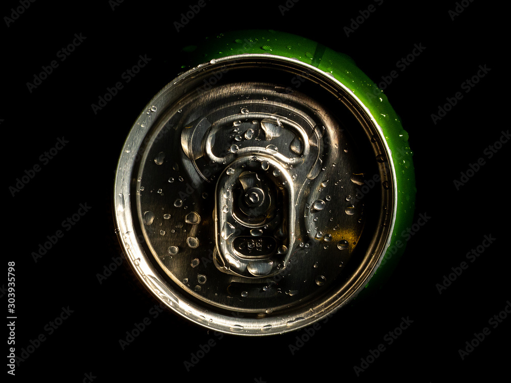 aluminum soda and beer beverage can with water droplets isolated on dark background, metal can, recyclable product aluminum soda and beer beverage can with water droplets isolated on dark background, metal can, recyclable product