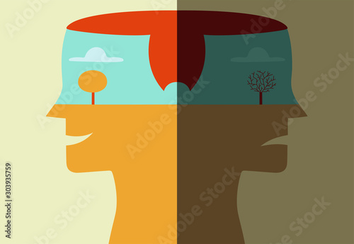 Vector profile portrait of young man seen in two opposite moods, happy and sad, symbolized by different climatic conditions