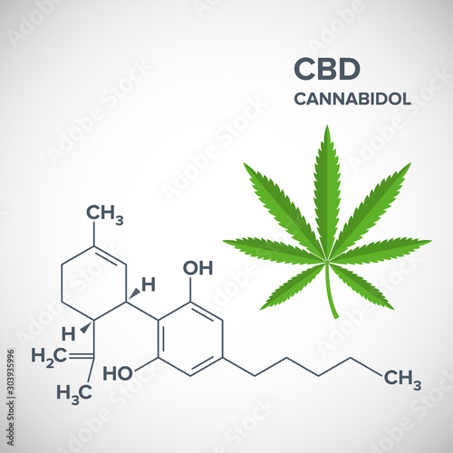 Cannabidiol - CBD - Structural Sceletal Formula With Marijuana Leaf Drug Icon. EPS10 vector file.