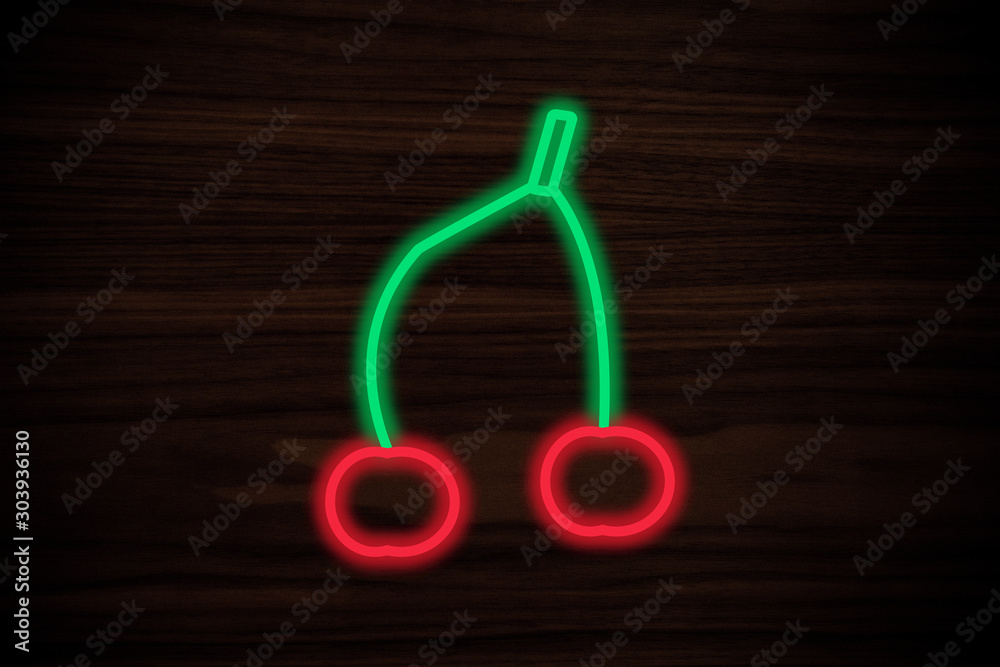 neon light with cherry shape on dark background neon light with cherry shape on dark background