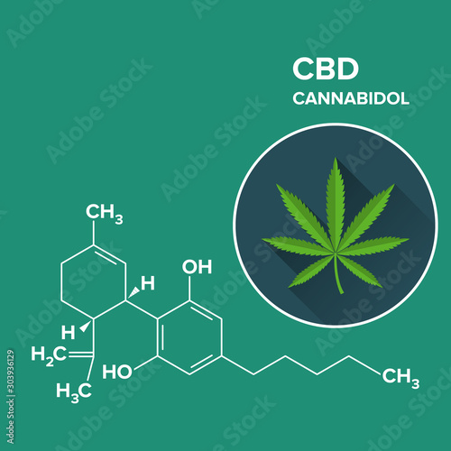 Cannabidiol - CBD - Structural Sceletal Formula With Marijuana Leaf Drug Icon. EPS10 vector file. photo