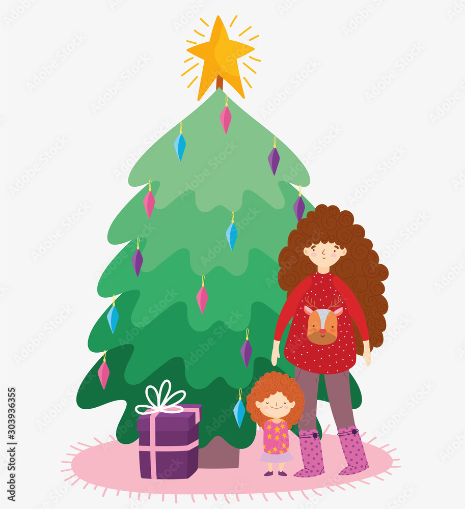woman with sweater and little girl tree gift merry christmas, happy new year woman with sweater and little girl tree gift merry christmas, happy new year