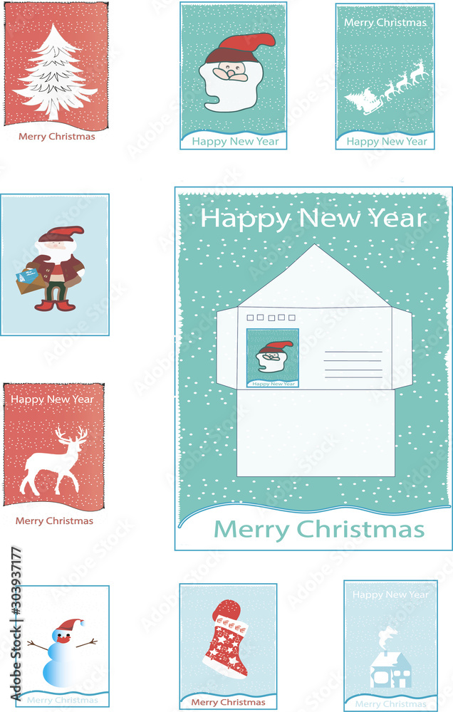 Print. The envelope. Merry Christmas and New Year. Place for your text. Envelope with stamps, illustration.