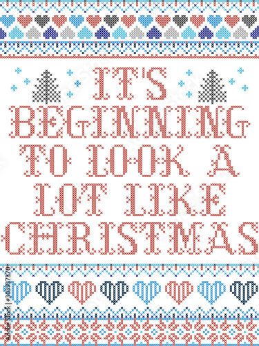 Scandinavian Christmas pattern inspired by Its beginning to look a lot like Christmas everyday carol festive elements  in cross stitch with heart, snowflake, Christmas tree, star, snowflakes in colour