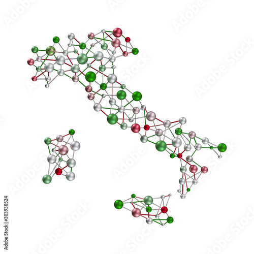 3d map of Italy, beautiful 3d molecular metal net of Italy shape perspective view. colored by flag color green red and white. white background 3d illustration