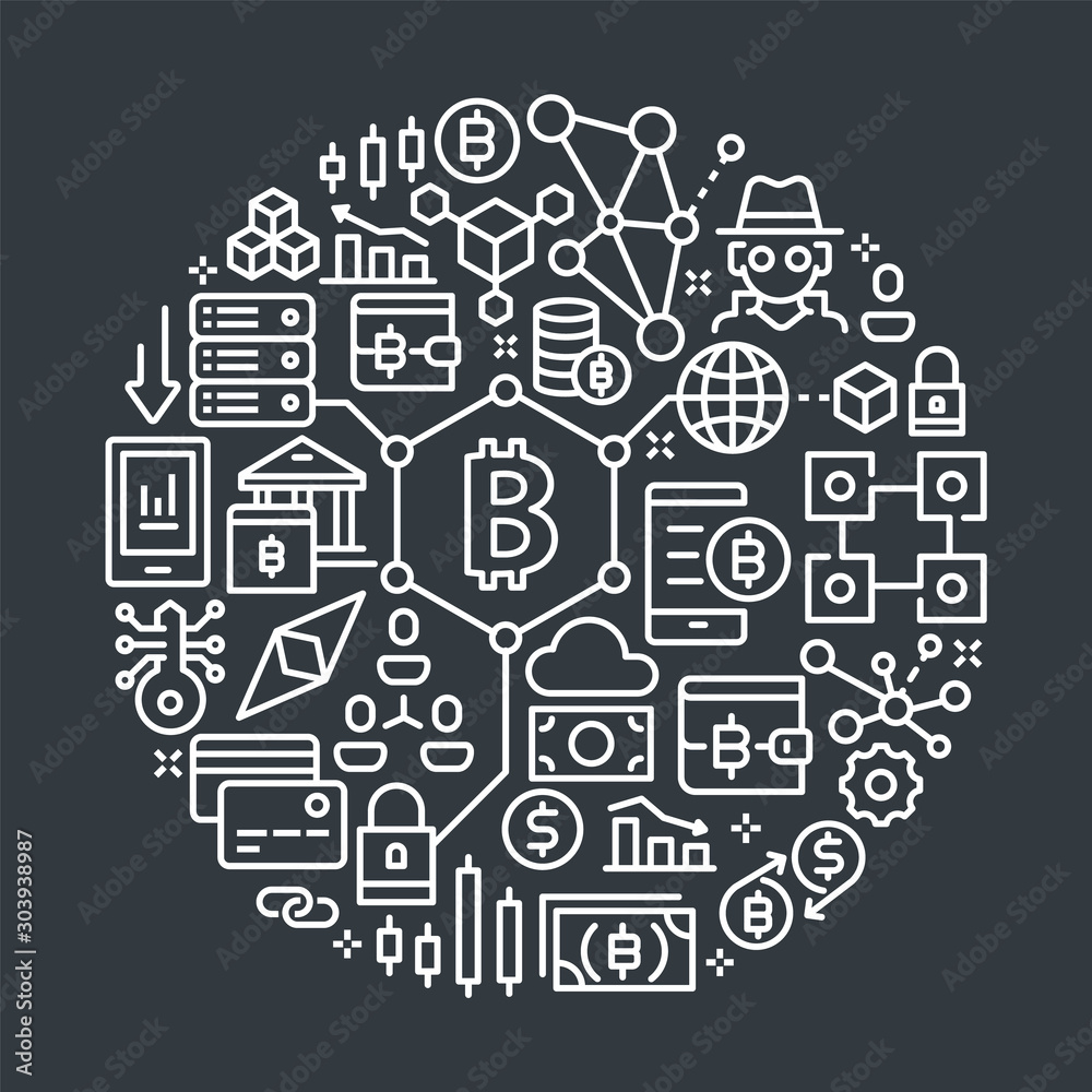 Blockchain and Cryptocurrency Outline Illustration Concept.