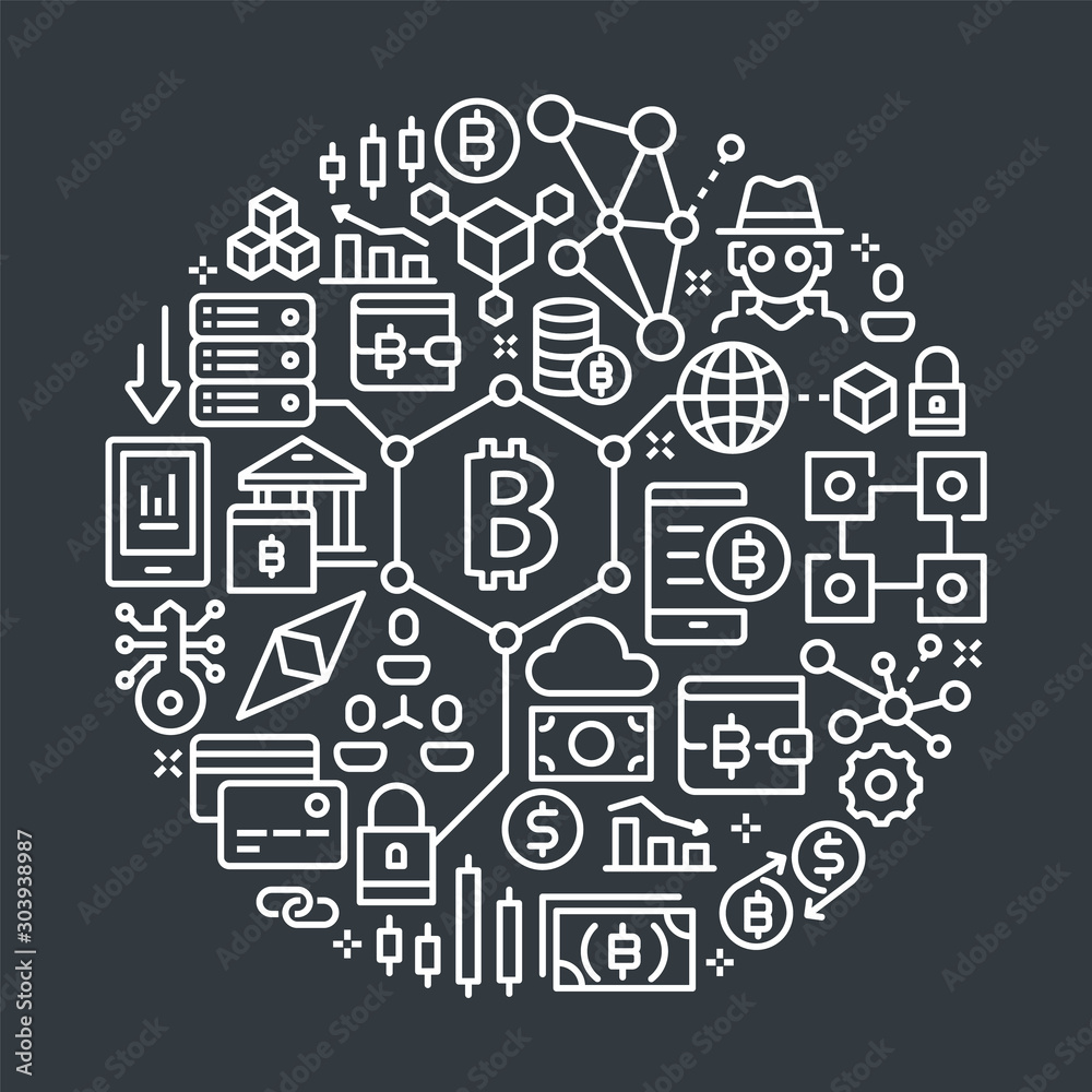 Blockchain and Cryptocurrency Outline Illustration Concept. Blockchain and Cryptocurrency Outline Illustration Concept.